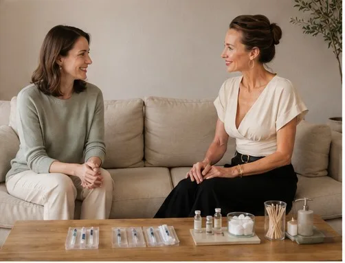 Olivia Walter discussing treatment options with a client on a sofa at home